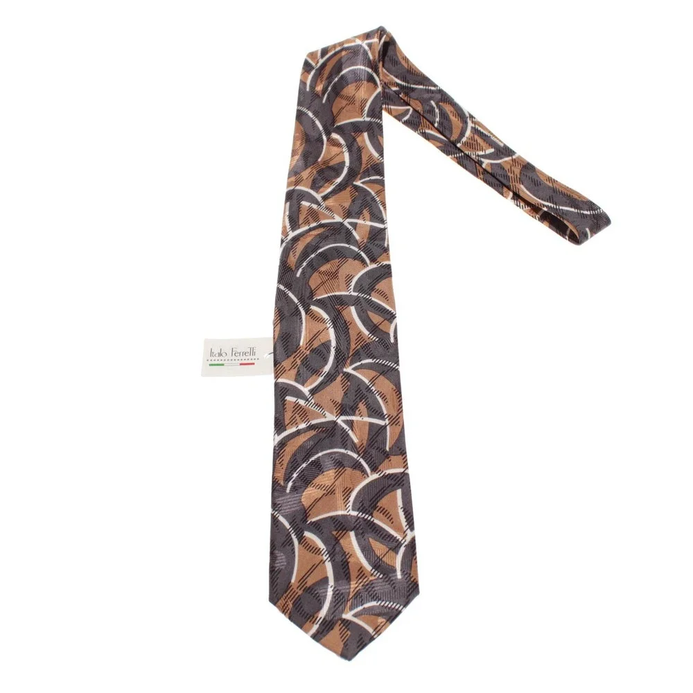 Italo Ferretti NWT Neck Tie in Brown / Gray / White Abstract Print 100% Silk